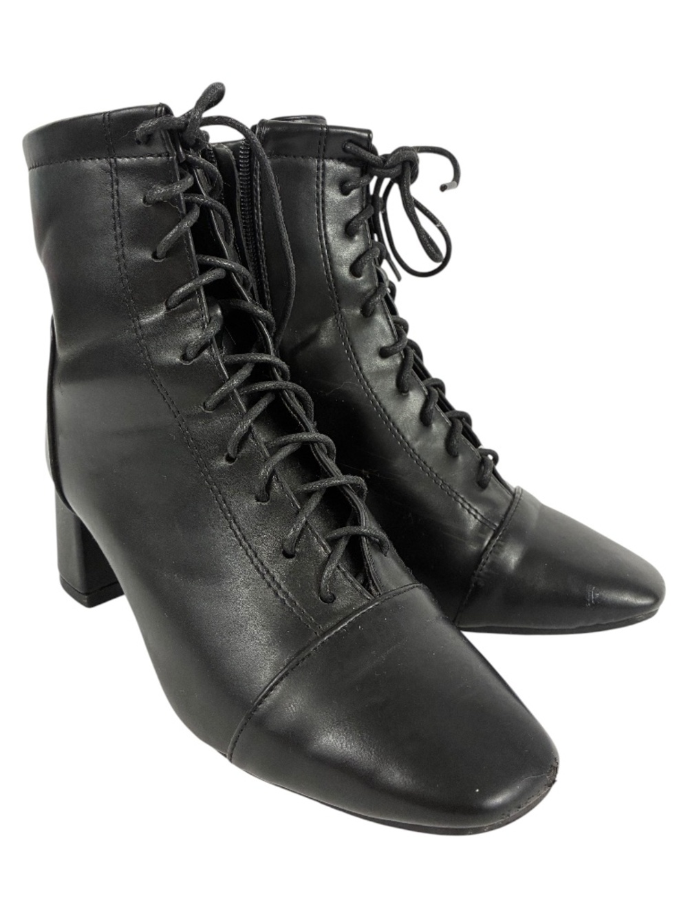 Witchy Lace-up Witch Boots 5 Black Square Toe Fitted Ankle Smooth Vegan Leather
